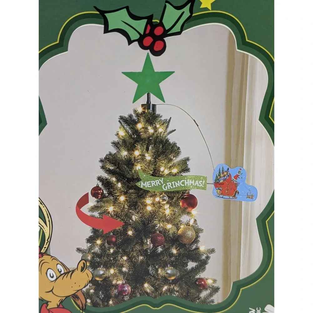 New Dr Seuss Grinch Sleigh Animated Christmas Tree Topper Merry Grinchmas LED